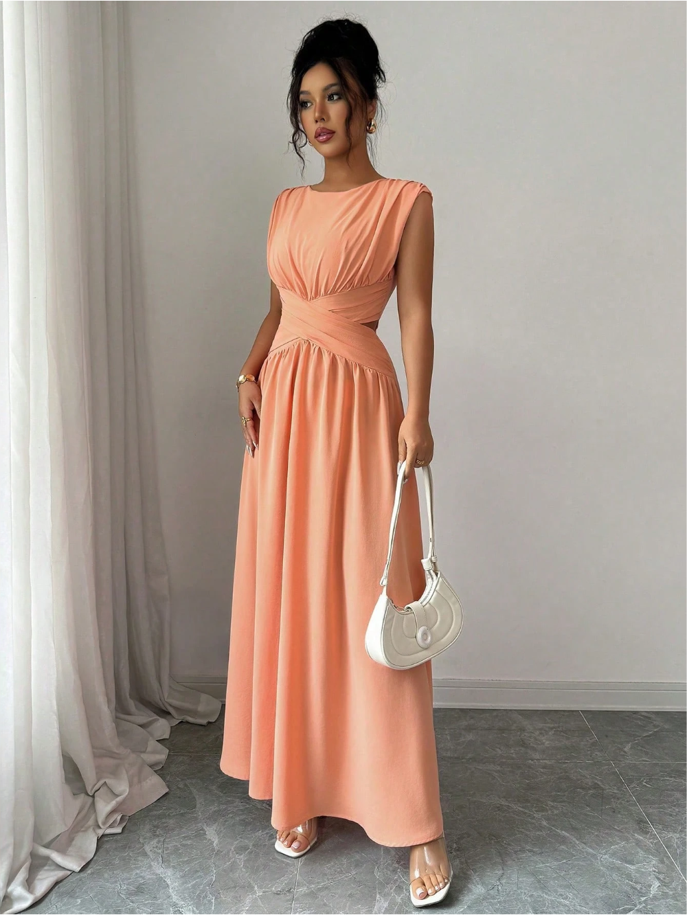 Vestido maxi elegante y minimalista de mujer, de cuello redondo, cintura vintage, hueco, cruzado, plisado, línea A, sin mangas, unicolor, adecuado para oficina, viajes, playa, vacaciones, festivales deúsica, primavera/verano