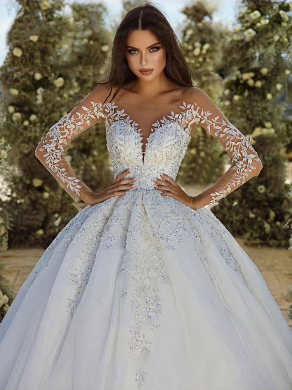 Romantic Off-Shoulder Long Sleeve Lace Appliqué Ball Gown Wedding Dress With Deep V-Neck And Open Back – Premium Soft Tulle With Hand-Applied 3D Floral Lace Appliqués, Off-Shoulder Neckline With Illusion Long Sleeves, Fitted Bodice With Deep V-Neck And Op
