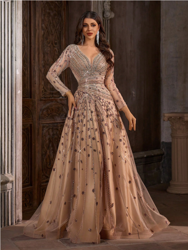 Elegante vestido de noche línea A color champán con mangas largas y escote en V, vestido largo con lentejuelas y cuentas con diseño de estrellas para fiesta